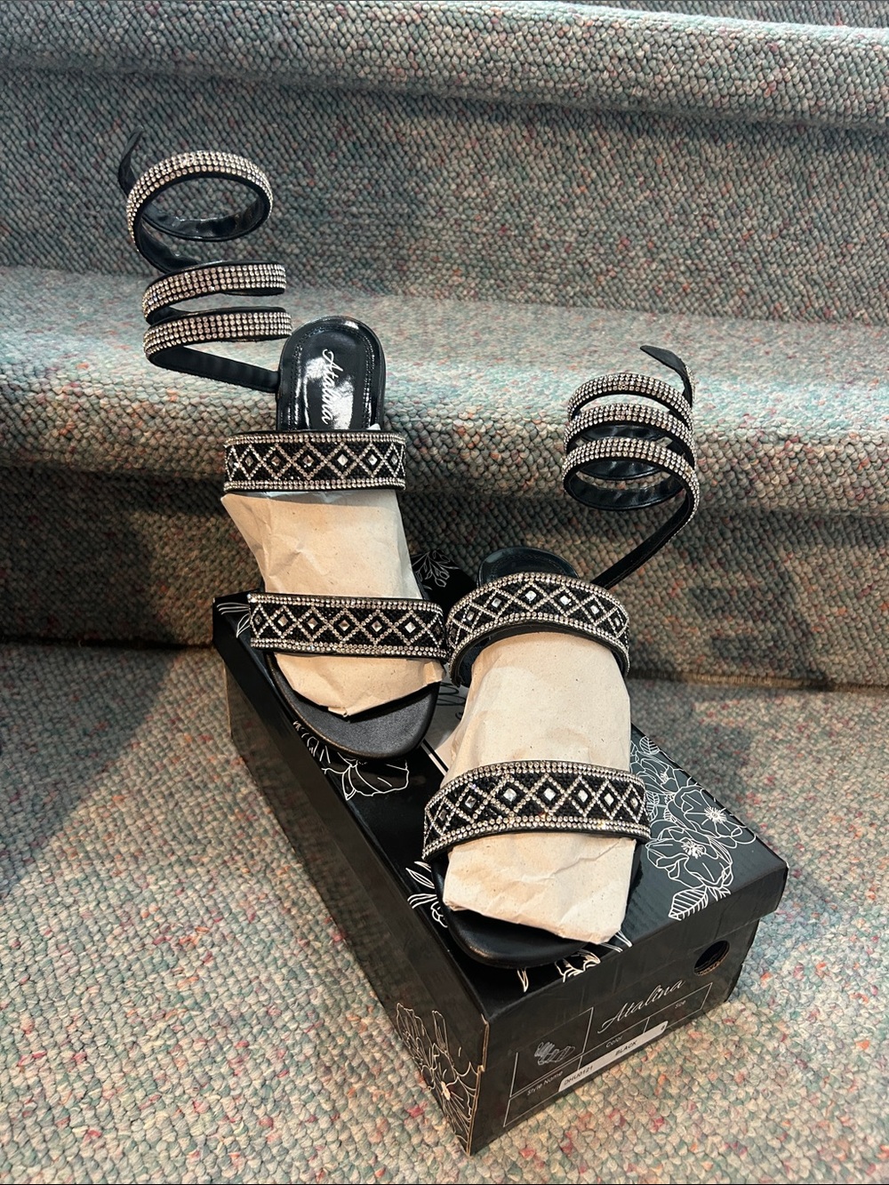 Atalina Black Rhinestone Spiral Strap Heels